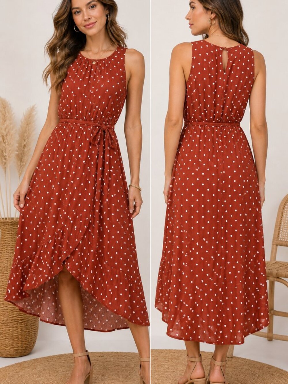 A New Day Polka Dot Dress Rust Burnt Orange Brown Sleeveless Tie Waist Size S
